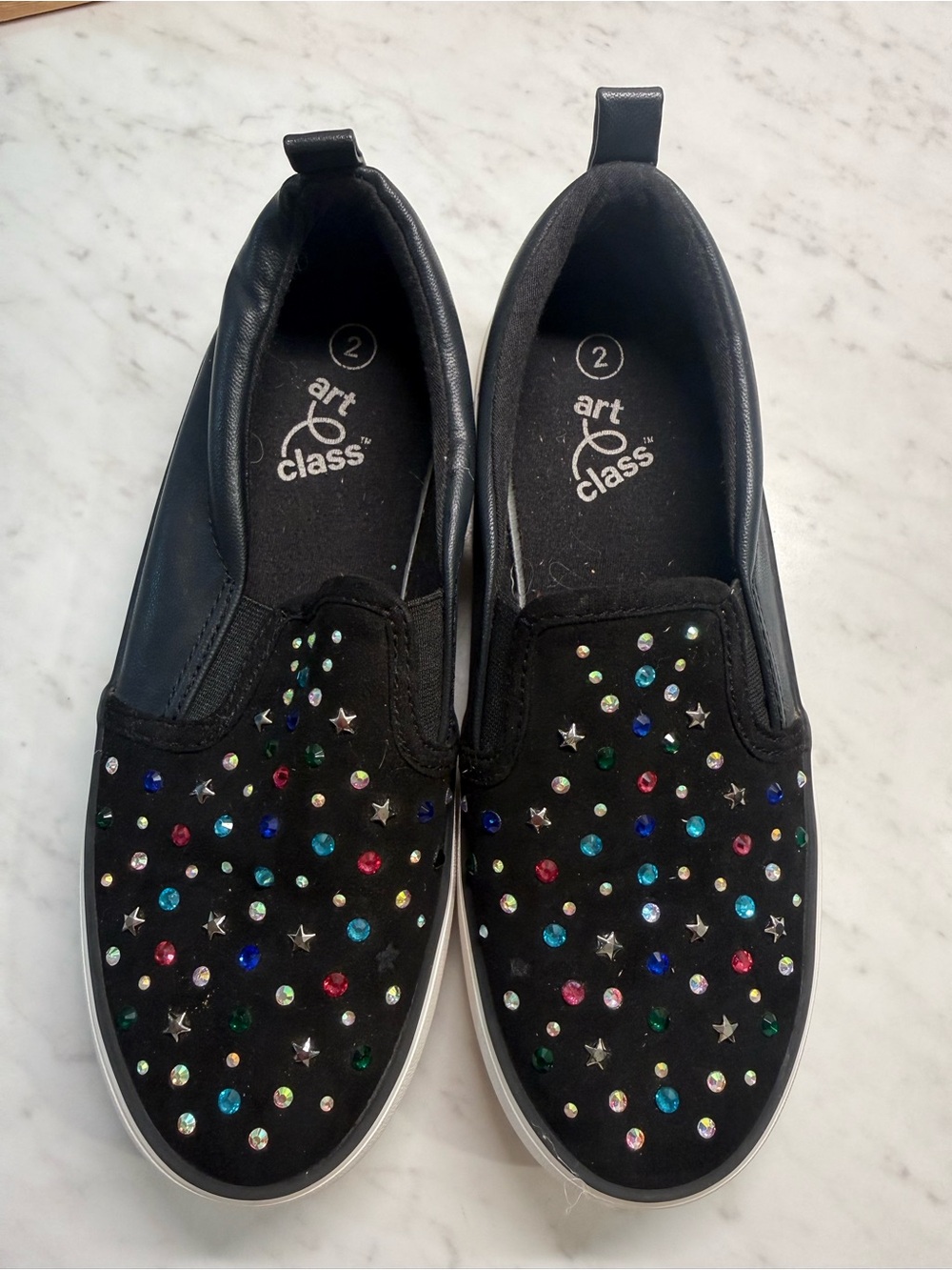 art class Black Slip-On Sneakers with Multicolor Gem & Star Accents
